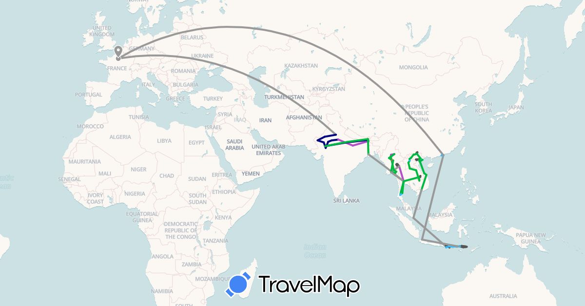 TravelMap itinerary: driving, bus, plane, train, hiking, boat, motorbike in France, Hong Kong, Indonesia, India, Laos, Myanmar (Burma), Macau, Singapore, Thailand, Vietnam (Asia, Europe)